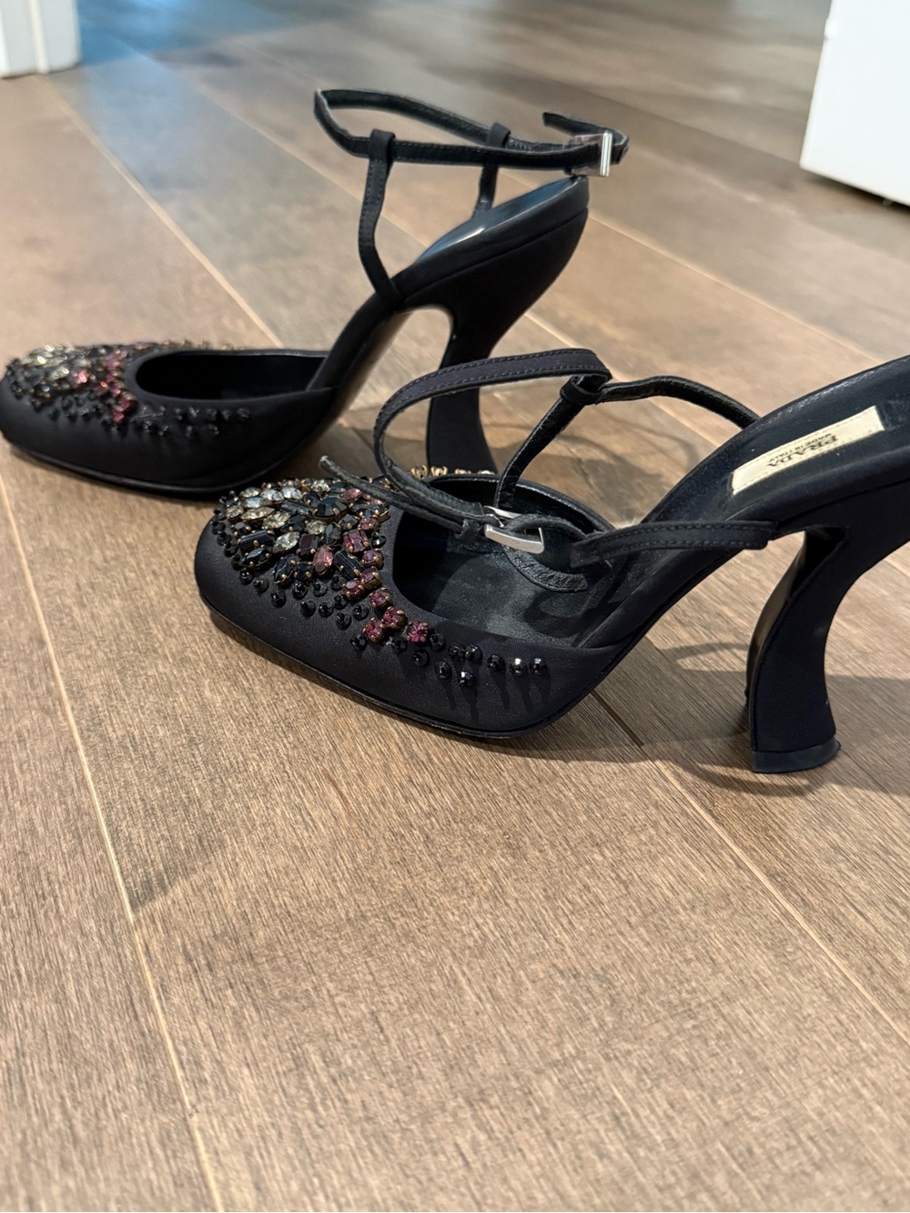 Prada Black Satin Jeweled Ankle-Strap Pumps with Pink and Clear Accents - Picture 2 of 4